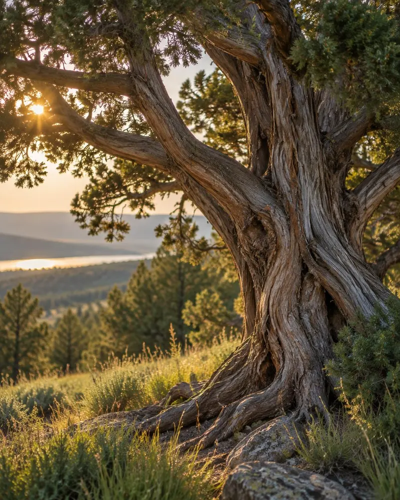 Sunlight filtering through the branches of a juniper tree on a quiet hillside